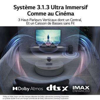 Barre de son LG S80QY Systeme 3.1.3 Caisson de basses sans fil 480W Dolby Atmos & DTS:X Signature sonore Meridian Hi-Res iMax