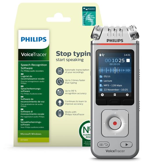 Dictaphone avec reconnaissance vocale Philips DVT4111 Gris
