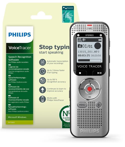 Dictaphone avec reconnaissance vocale Philips DVT2001 Gris