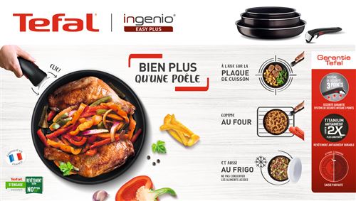 Batterie Cuisine Tefal Ingenio - Poêles Empilables Poignée Amovible - Sécurité 10kg - Noir