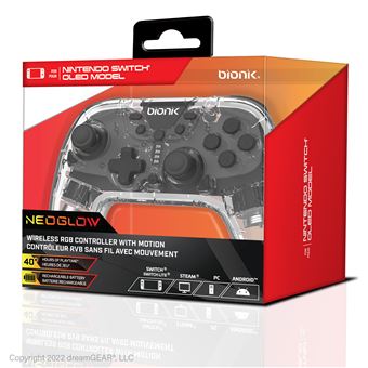 Manette sans fil Bluetooth Just For Games Bionik NeoGlow pour Nintendo Switch Modèle OLED Transparent