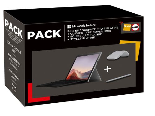 Pack PC Hybride Microsoft Surface Pro 7 12.3 Intel Core i5 8 Go RAM 256 Go SSD Platine + Souris Arc Platine + Clavier Type Cover Noir + Stylet Platine