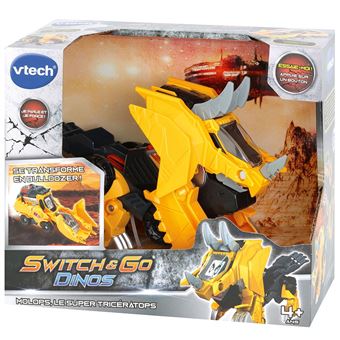 VTech Switch and Go Dinos Fire Mini Triceratops Transformateur de voiture 2 en 1 Jouet avec voix de dinosaure, effets sonores et lumineux pour enfants de 3 à 8 ans