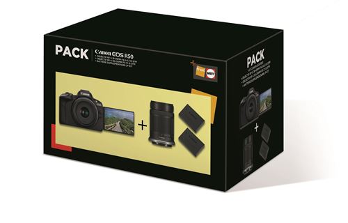 Pack Fnac Appareil photo hybride Canon EOS R50 Noir + RF-S 18-45mm f/4.5-6.3 IS STM + RF-S 55-210mm f/5-7.1 IS STM + 2ème batterie + chargeur