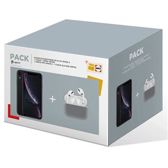 Pack iPhone reconditionné XR Jaune 64 Go Grade A + coque + verre trempé + airpods pro Grade A + coque silicone airpods