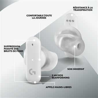 Ecouteurs sans fil Bluetooth Logitech G Fits avec réduction de bruit Blanc