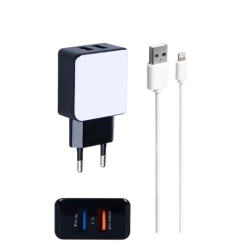 Chargeur Dual USB 2 ports Freaks And Geeks Blanc et Noir + Câble pour iPhone 5/6/7/8/X
