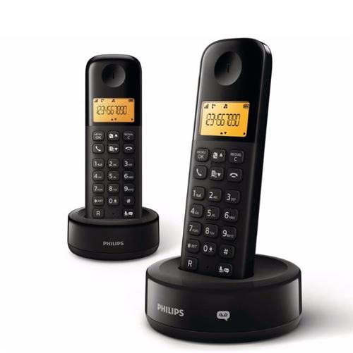 Téléphone fixe sans fil avec répondeur double combiné Philips D1652B Noir