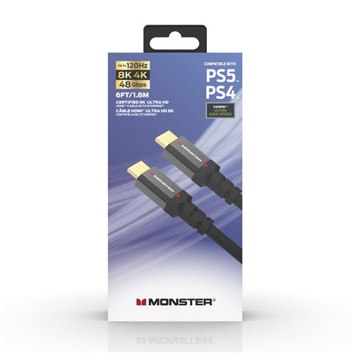 Monster Cable HDMI 2.1 Gaming UHD 8K 4K-144Hz pour PS5, XBOX 48 Gbps 1,80 m