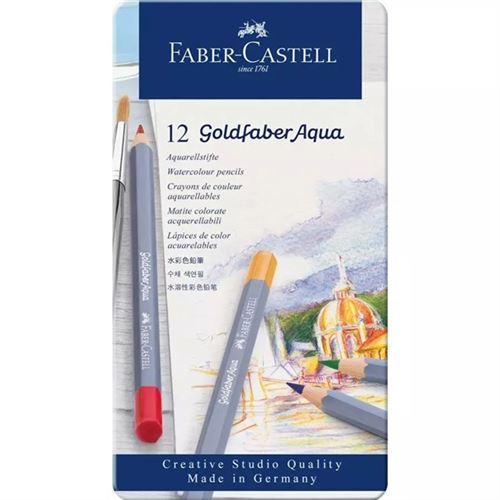 Boîte métal 12 crayons de couleur aquarellables Faber-Castell Goldfaber Aqua