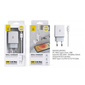 Chargeur secteur Type C + Câble C vers Lightning One+ pour iPhone Blanc