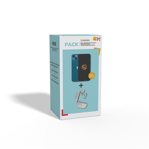 Pack Apple iPhone 13 6,1 5G Double SIM 128 Go Bleu Reconditionné Grade A Reborn + Ecouteurs sans fil Blanc