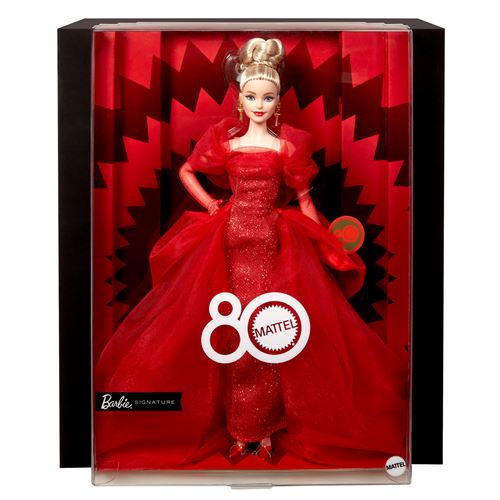 Barbie Spécial 80ème Anniversaire de Mattel Poupée emblématique à collectionner dans une robe en tulle pailletée avec pendants d’oreilles et gants transparents blonde JBJ17