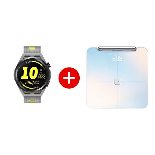 Pack Montre connectée Huawei Watch GT Runner Gris et jaune + Balance connectée avec indicateurs corporels Huawei Scale 3 Pro Blanc