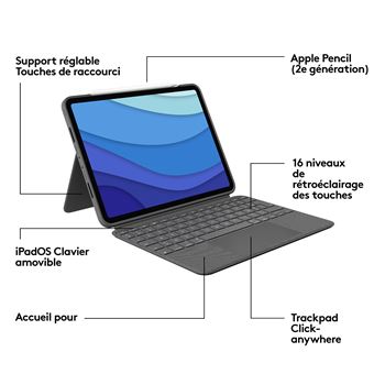 Etui clavier Logitech Combo Touch pour iPad Pro 11 pouces Bluetooth Gris - Claviers  pour tablette
