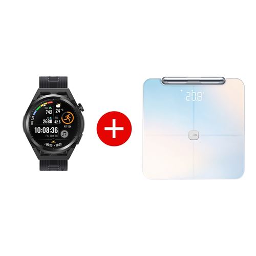 Pack Montre connectée Huawei Watch GT Runner Noir + Balance connectée avec indicateurs corporels Huawei Scale 3 Pro Blanc