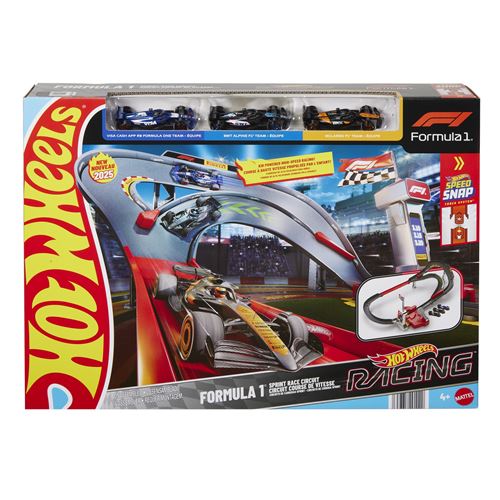 Hot Wheels Coffret Piste de Course Sprint avec 3 véhicules de Formule 1 à ’échelle 164 : McLaren F1 Team Alpine et VCARB Circuit de Course Sprint côte à côte JDY15