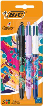 Blister de 3 Stylos à bille Bic 4 Couleurs Décors Pointe Moyenne 1 mm