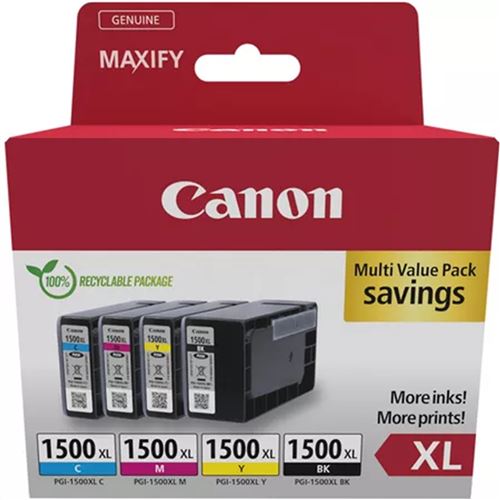 Pack de 4 Cartouches d'encre Canon PGI-1500XL Noir Cyan Magenta Jaune