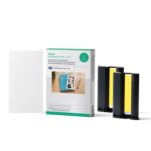 Pack de stickers Cricut StickerPix Print + Cut™ 72 feuilles Blanc brillant + 2 recharges d'encre Noir et Jaune