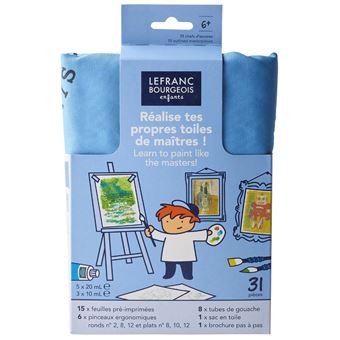 Kit creatif TOILES DE MAITRES : 8 tubes gouache, 6 pinceaux, 15 feuilles pre-imprimees