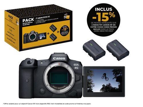 Pack Fnac Edition 70 ans Appareil photo hybride Canon EOS R5 Boîtier Nu Noir + 2 batteries + Coupon -15% sur une optiques RF Canon