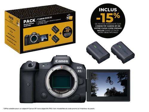 Pack Fnac Edition Appareil photo hybride Canon EOS R5 Boîtier Nu + 2 batteries + Coupon 15% sur une optiques RF Canon