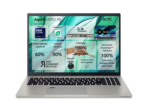 PC Portable Acer Aspire Vero 16 AV16-51P-503Z 16 Intel® Core™ Ultra 5 16 Go RAM 512 Go SSD Gris