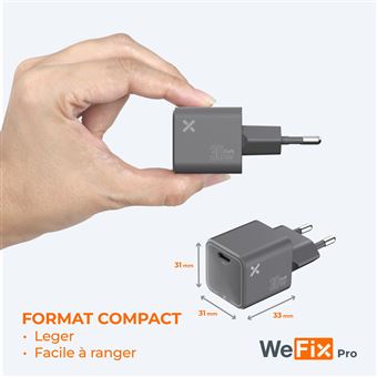 Chargeur secteur Wefix Pro GaN 30 W + câble Lightning 1,2 m Gris