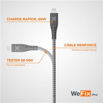 Chargeur secteur Wefix Pro GaN 30 W + câble Lightning 1,2 m Gris