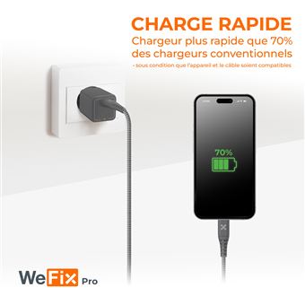 Chargeur secteur Wefix Pro GaN 30 W + câble Lightning 1,2 m Gris