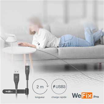 Câble renforcé Wefix Pro USB Type A vers USB Type C 2 m Gris