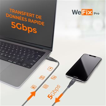 Câble renforcé Wefix Pro USB Type A vers USB Type C 2 m Gris