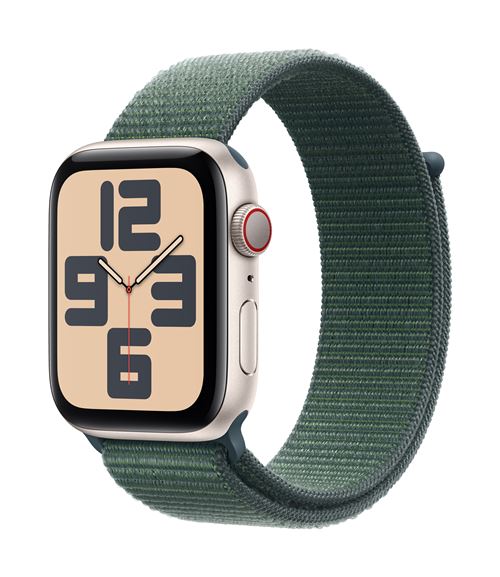 Apple Watch SE GPS + Cellular 44 mm Boîtier en Aluminium Lumière Stellaire avec Boucle Sport Vert lacustre version 2024