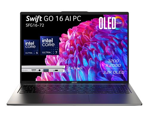 Ordinateur Portable Acer Swift SFG16-72-72LZ AI 16 Intel Core Ultra 7 16 Go RAM 1 To SSD Gris - Azerty Français