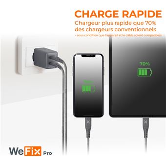 Chargeur secteur Wefix Pro GaN 45 W USB-C et USB-A Gris