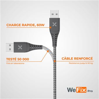Câble renforcé Wefix Pro USB-C vers USB-C 240 W 2 m Gris