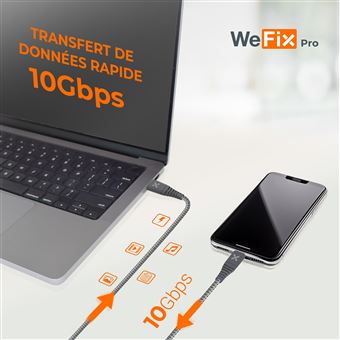 Câble renforcé Wefix Pro USB-C vers USB-C 240 W 2 m Gris