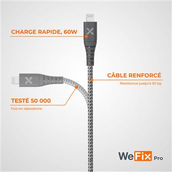 Câble renforcé Wefix Pro USB Type C vers Lightning 1,2 m Gris