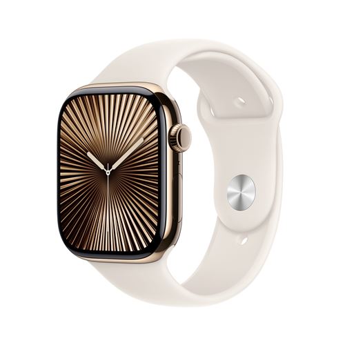 Apple watch Apple Apple Watch Series 10 GPS + Cellular 46mm Boîtier en Titane Or avec Bracelet Sport Lumière Stellaire - S/M