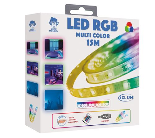 Ruban LED RGB XXL Geek Monkeys 15 m avec revêtement en silicone + Télécommande