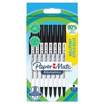 Paper Mate Stylos a Bille Kilometrico   Pointe Moyenne (1.0mm)  Encre Noire  80% plastique recycle  Lot de 8