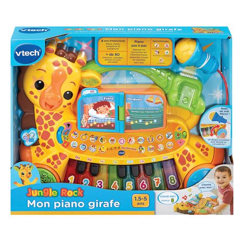 VTech Mon Piano Girafe Jungle Rock Instrument de Musique Bébé Clavier Piano Enfant Parlant et Interactif avec Micro Karaoké Cadeau Enfant Dès Contenu en Français
