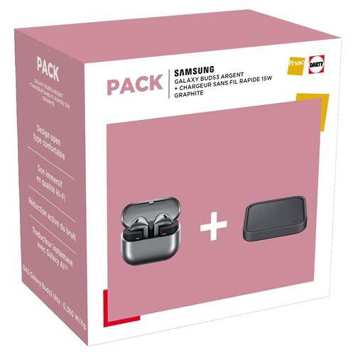 Pack Ecouteurs intra-auriculaires sans fil Samsung Galaxy Buds 3 avec réduction de bruit Argent + Chargeur sans fil rapide 15 W Graphite