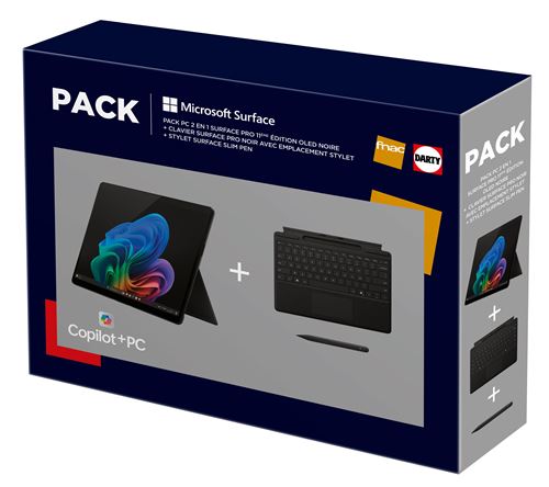 Pack PC 2 en 1 Microsoft Surface Pro 11ème Edition 13 Copilot+ PC Ecran tactile Qualcomm Snapdragon® X Elite 16 Go RAM 512 Go SSD Noir + Clavier Surface Pro Noir avec emplacement stylet + Stylet Surface Slim Pen