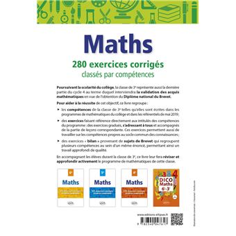 Mathématiques - 280 exercices corrigés classés par compétences avec sujets de Brevet - 3e