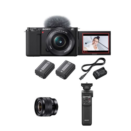Pack Fnac Exclusif Appareil Photo/Vlogging Hybride Sony ZV-E10 + Objectif E 16-50mm + 2nd batterie + Chargeur de batterie + Objectif Hybride E 10-18 mm f/4 OSS Noir + Poignet d'alimentation Bluetooth GP-VPT2BT Noir