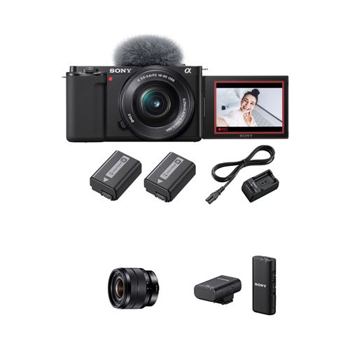 Pack Fnac Exclusif Appareil Photo/Vlogging Hybride Sony ZV-E10 + Objectif E 16-50mm + 2nd batterie + Chargeur de batterie + Objectif Hybride E 10-18 mm f/4 OSS Noir + Microphone sans fil ECM-W2BT Noir