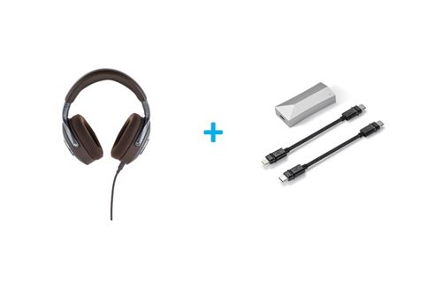 Un Casque ouvert circum-aural avec et sans fil Focal Hadenys Marron + Un Adaptateur DAC Hi-Fi Astell&Kern AK HC-4 USB-C vers Lightning Noir et Gris