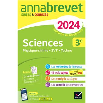 Annales du brevet Annabrevet 2024 Sciences (Physique-chimie, SVT, Technologie) 3e